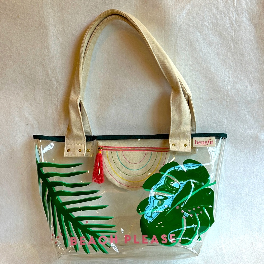 Benefit “BEACH PLEASE” Clear Beach Bag with Green Leaf and Pink Accents